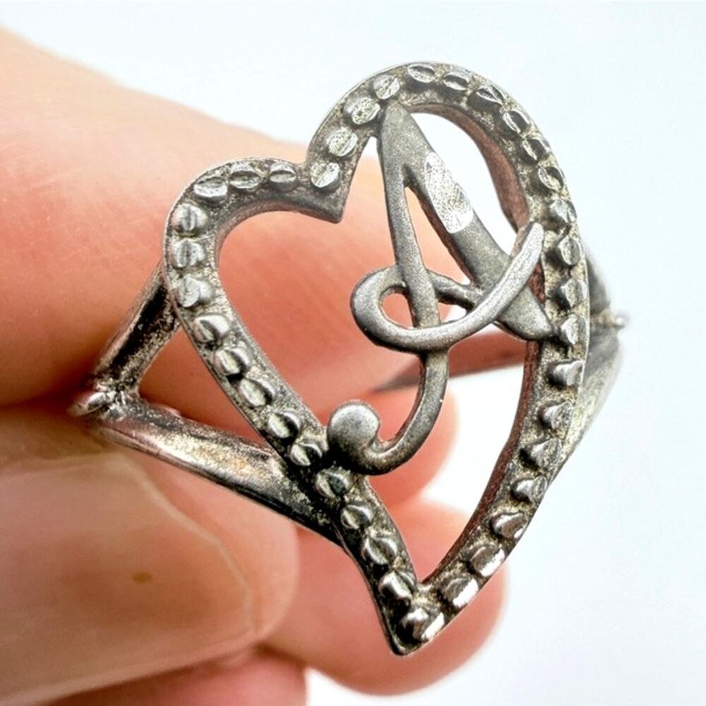 VTG 925 Sterling Silver Heart Ring With Letter Initial A Size 6.75" Adjustable